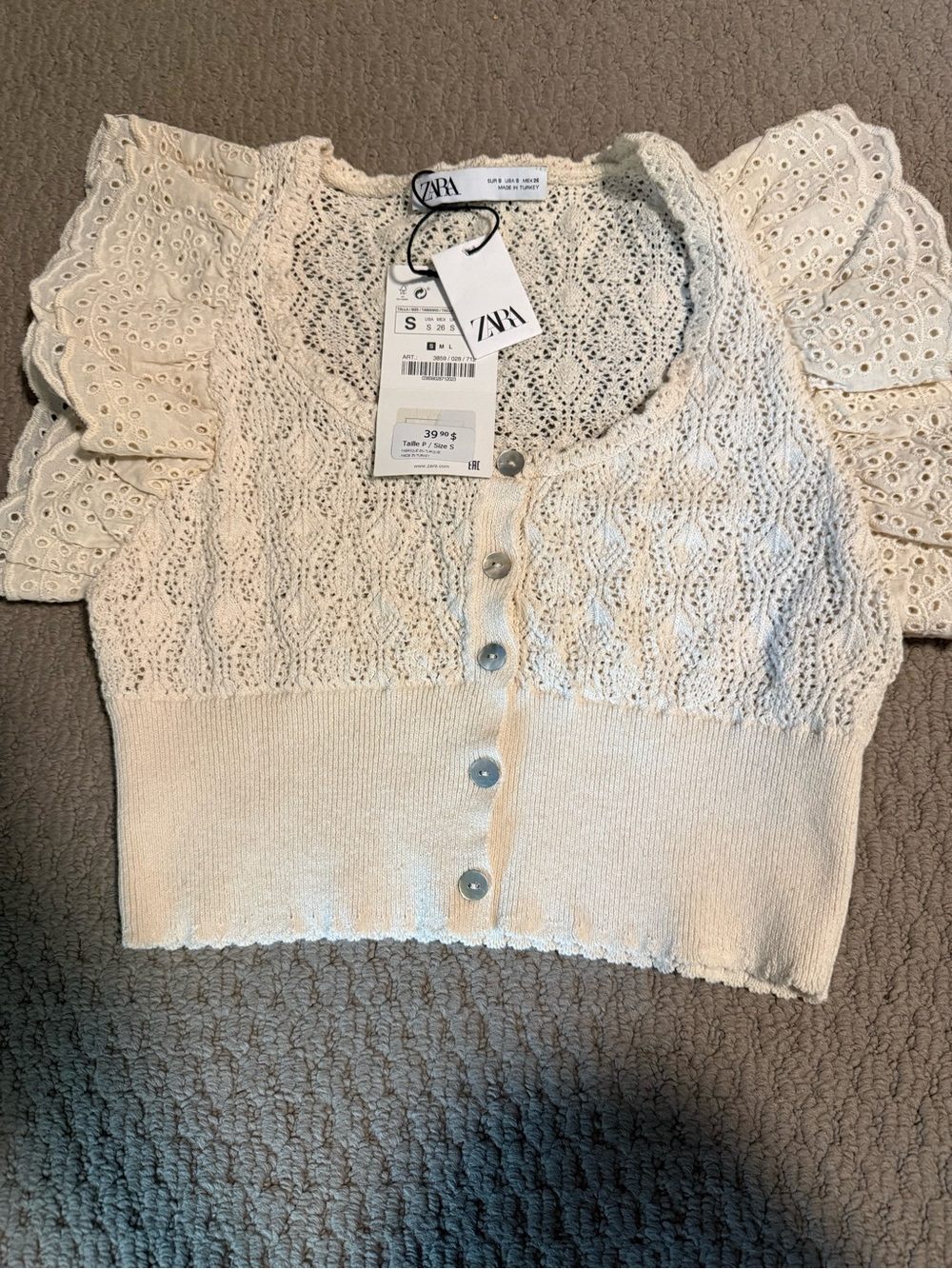 Zara Cream Crochet Knit Crop Cardigan with Buttons